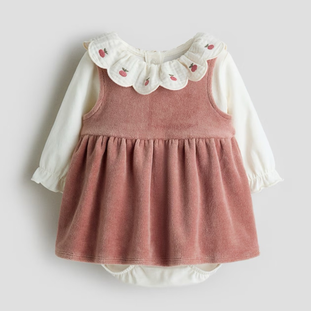 H&M Organic Cotton Soft Velvet Pink Baby Dress & Bodysuit Set